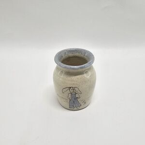 Vintage Hand Painted Ceramic Jar Rabbit Family Folk Art Blue Rim Whimsical Decor